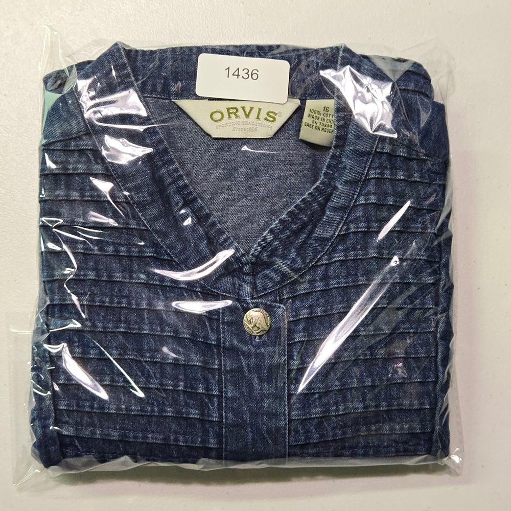 Orvis Denim Vest Womens 16 Blue Pintuck Pleated Button Front Mandarin Collar Top - Picture 12 of 12